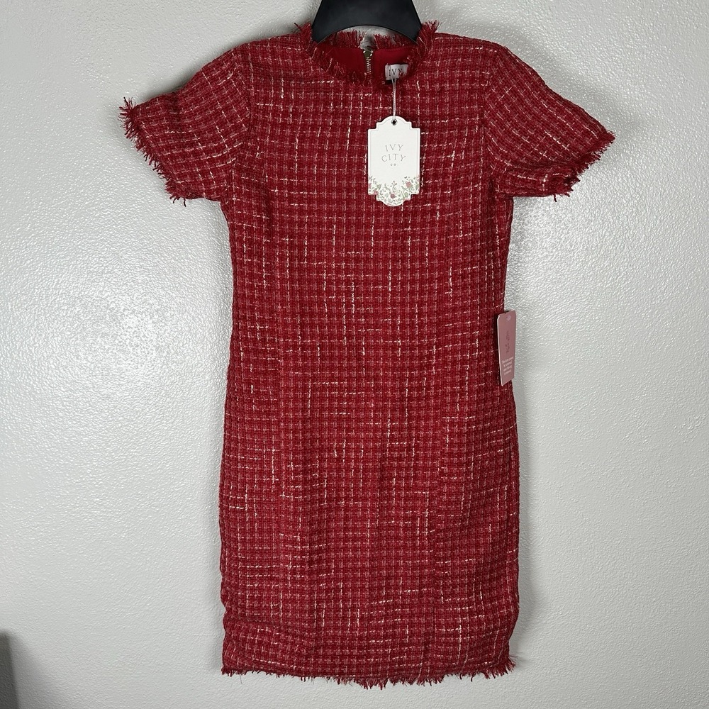 NEW IVY CITY CO Girls Reese Mini Dress Size 9/10T Red Tweed Gold Zipper Wool‎